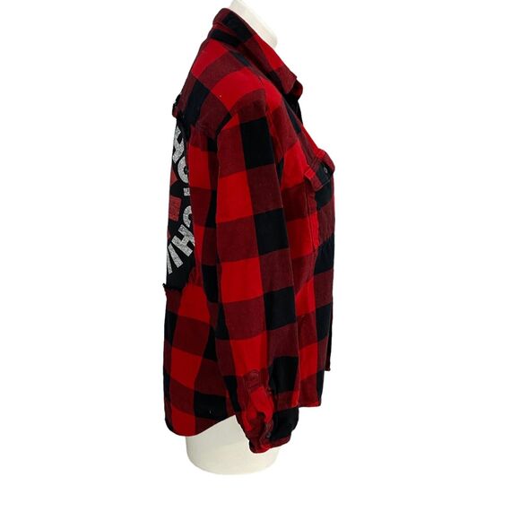 Upcycled Flannel Shirt Womens Medium Shacket Chili Peppers Red Country Grunge - Picture 9 of 16